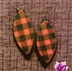 Black leather, sparkly buffalo plaid leather earri